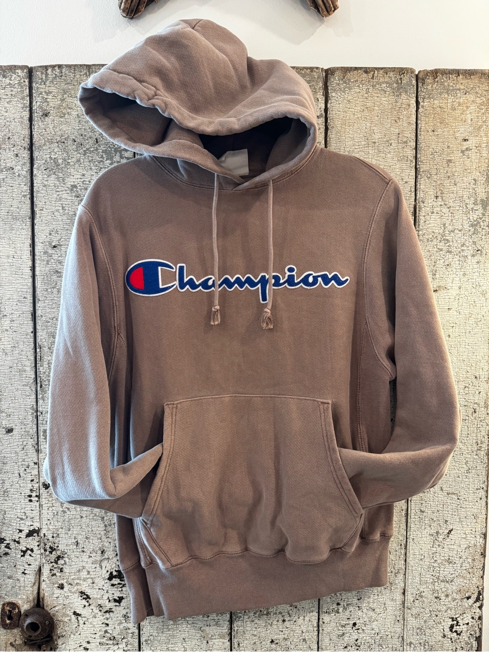 Champion Reverse Weave Hoodie Women’s Small Brown Taupe Logo Pullover